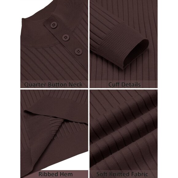 Men's Quarter Button Sweater Long Sleeve Stand Collar Sweater Knitted Brown - Picture 5 of 5